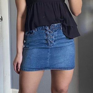 SOLD - F21 - Medium Wash Blue Denim Lace Up Corset Style Mini  Skirt